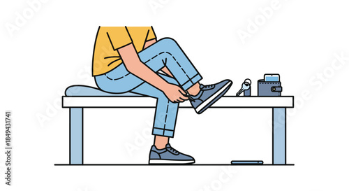 Person tying shoes on a bench, preparing for activity. Keys, wallet, phone nearby. Clean vector art illustration, ready for an outing, daily routine