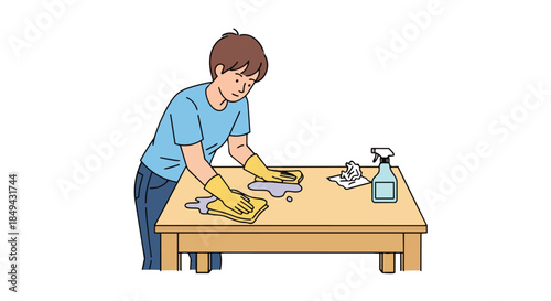A diligent individual wearing protective gloves meticulously cleans a wooden tabletop using a spray bottle and cloth ensuring a spotless and