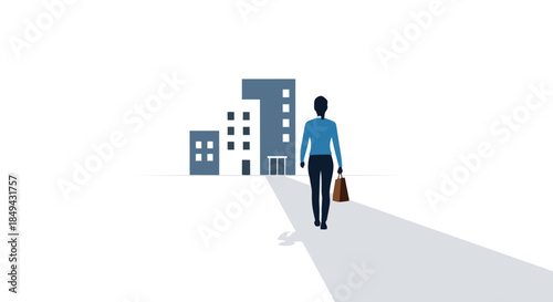 Minimalist illustration capturing a solitary individual with a shopping bag journeying towards modern urban buildings, symbolizing commerce,