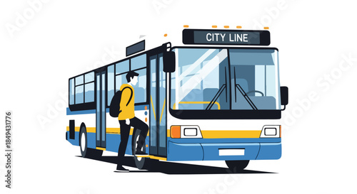 Urban commuter boarding a public 'CITY LINE' bus, symbolizing metropolitan travel and daily transport.