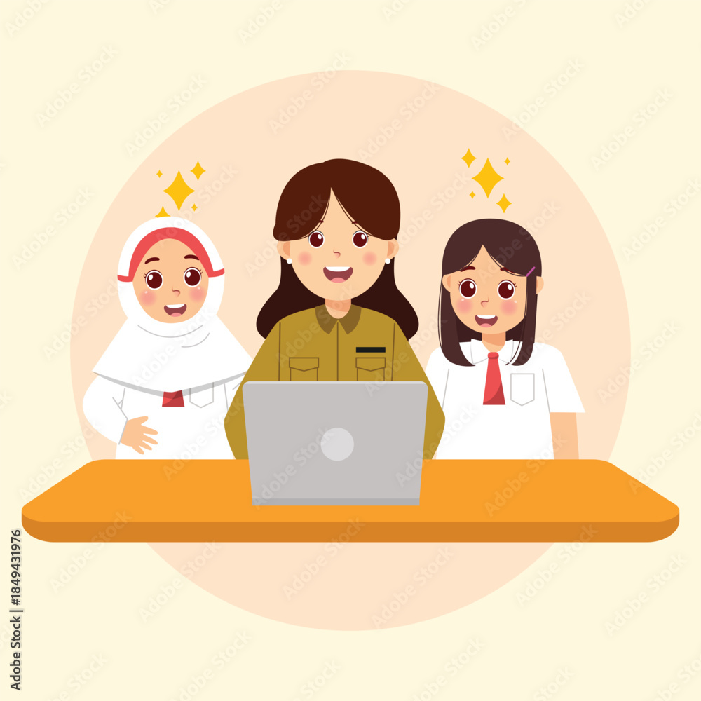 Fototapeta premium Cartoon Illustration of Teacher with Students