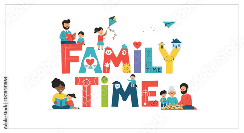 Capturing the essence of domestic bliss and intergenerational connection through an engaging family time illustration, promoting shared moments and