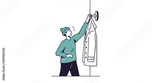 Minimalist Illustration of a Person Organizing Outerwear on a Wall Hook with Clean Aesthetic