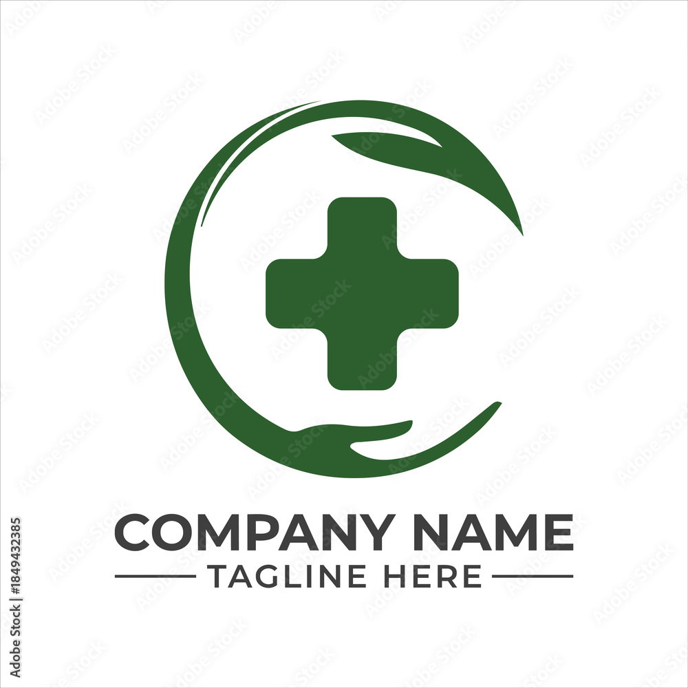 Fototapeta premium Green medical cross with caring hand and leaves symbolizing natural health and wellness