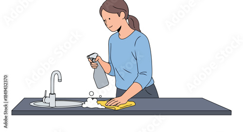 Illustrative scene of a diligent woman actively cleaning a modern kitchen countertop with a spray bottle and cloth ensuring pristine hygiene