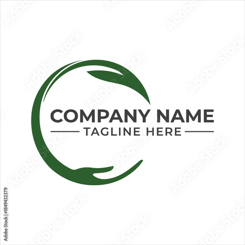 Green circular logo symbolizing nature, care, and sustainability with a leaf and a nurturing hand