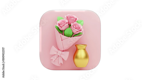 3D Rendered Bouquet of Roses with Vase on Pink Background