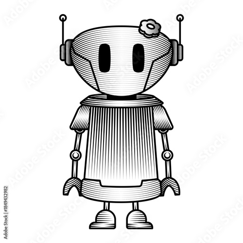 cute female robot character with flower on head friendly artificial intelligence assistant hand drawn vintage engraving style vector illustration