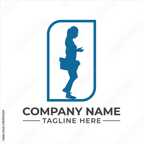 Minimalist blue silhouette logo of a walking woman carrying a box in a rounded rectangle frame.
