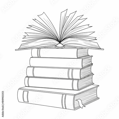 Stack of Books with Open Book on Top Illustration.