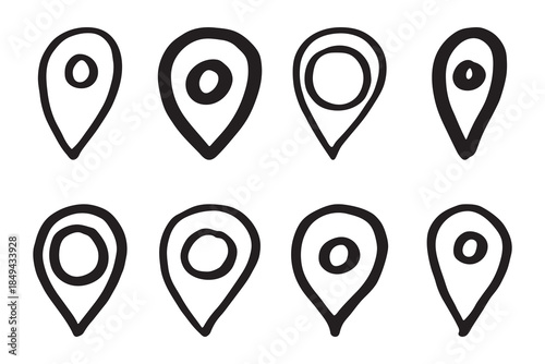 Set of hand drawn map pin Map marker pointer sign GPS and mapping tools Location pin symbol Pinpoint clipart in doodle style Single element for web, design