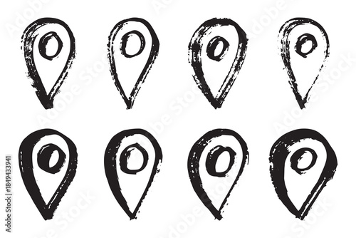 Set of hand drawn map pin Map marker pointer sign GPS and mapping tools Location pin symbol Pinpoint clipart in doodle style Single element for web, design