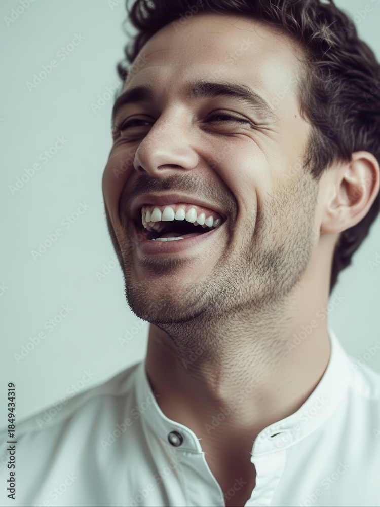 Obraz premium Joyful man laughing in a bright studio portrait.