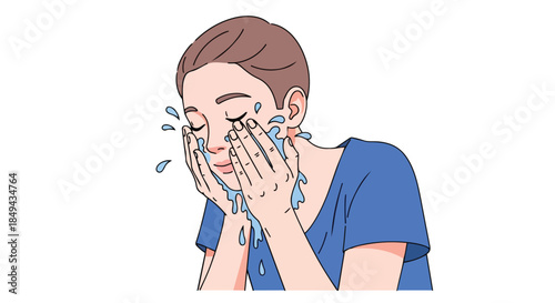 An expressive digital illustration showing a person meticulously washing their face with splashing water, embodying essential daily hygiene,