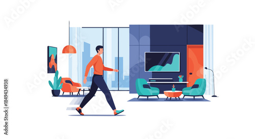 Modern office worker striding confidently through a vibrant, contemporary interior space featuring stylish furniture and sleek technological
