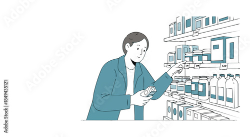 Customer thoughtfully browsing diverse products on well-stocked retail shelves, making an informed purchasing decision in a contemporary store
