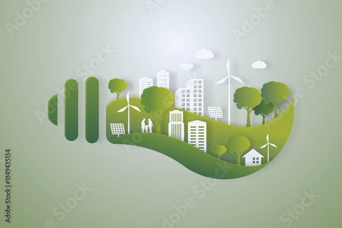 Green city and alternative renewable energy.ESG as environmental social and governance concept.Paper art Vector illustration.