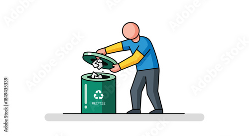 A person recycling paper into a green bin, promoting environmental responsibility, resource conservation, and fostering sustainable waste management