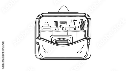 Essential travel toiletry bag line art illustration with hygiene products for organized personal care during journeys and trips