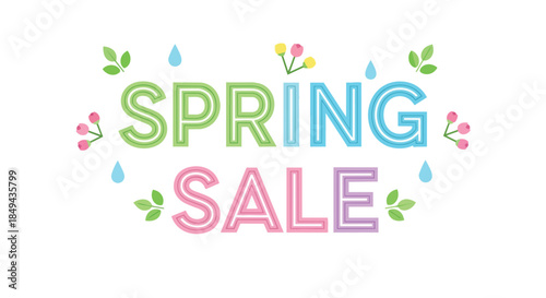 Colorful 'Spring Sale' banner art with cheerful typography, fresh green leaves, delicate flower buds, and soft blue raindrops perfect for seasonal