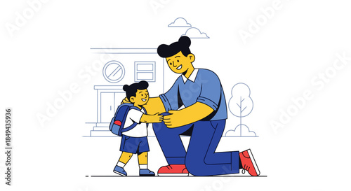 A heartwarming illustration depicting a supportive father kneeling to his child with a backpack, fostering a sense of security and readiness for the