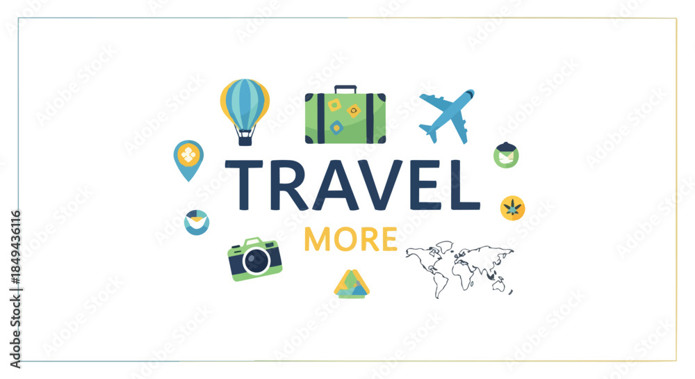 Obraz premium Encouraging boundless journeys across continents with a vibrant graphic, featuring essential travel icons, inspiring exploration and new global