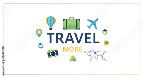 Encouraging boundless journeys across continents with a vibrant graphic, featuring essential travel icons, inspiring exploration and new global