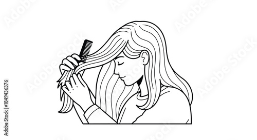 Gentle self-care moment of a woman meticulously combing her flowing locks for healthy beautiful hair