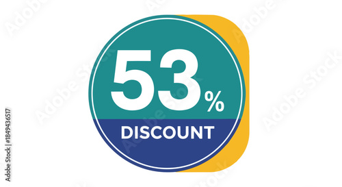Prominent fifty-three percent discount badge in striking teal, blue, and yellow colors, isolated for advertising.