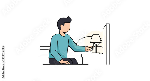 A calm individual adjusting the illumination of a bedside lamp in a comfortable bedroom environment, suggesting a peaceful evening routine or a