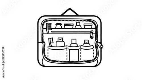 Vector line art of an open travel toiletry bag, neatly organized with essential personal hygiene items and beauty products for convenience and travel