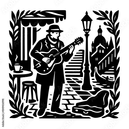 Street Musician Playing Guitar Woodcut Illustration