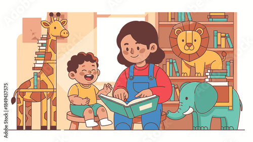 Caring woman sharing a captivating storybook with an eager, happy child in a whimsical nursery, surrounded by charming animal-themed bookshelves, fostering early education and imaginative play
