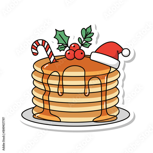 Christmas Pancakes with Syrup, Candy Cane, Holly, and Santa Hat.