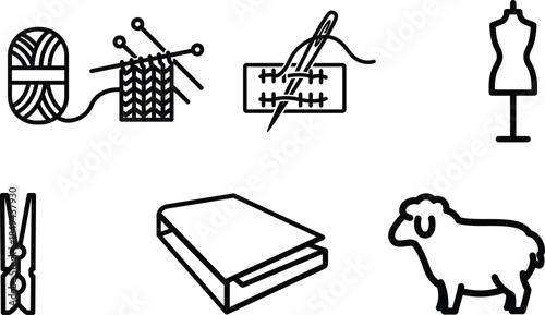 sewing and knitting tools and materials icons set including yarn ball and knitting needles and sheep