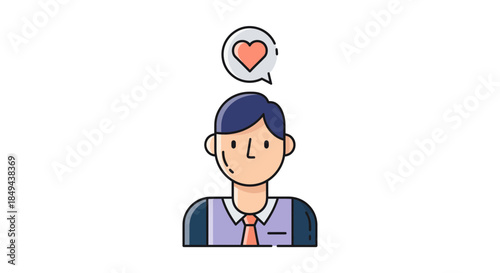 Friendly cartoon man with heart symbol thinking positively