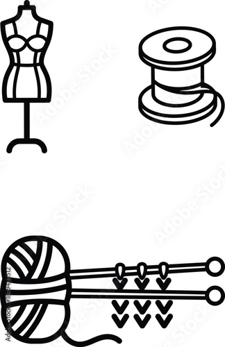 sewing tools and dressmakers dummy on white background