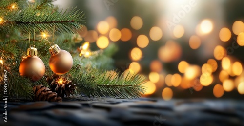 Festive Christmas Tree Decoration with Ornaments and Pinecones Surrounded by Warm Holiday Lights
