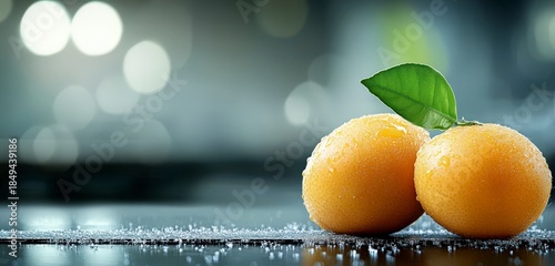 Fresh Juicy Oranges with Water Droplets on a Shiny Surface for a Refreshing Drink or Fruit Display