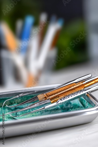 Professional dental tools arranged on a sterile tray in a modern dental clinic setting with blurred background
