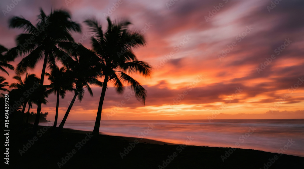 Obraz premium Silhouetted Palm Trees Forming A Dense Canopy.