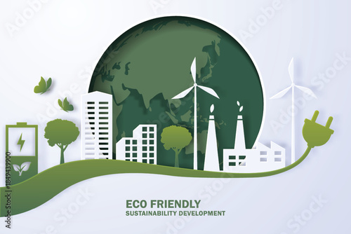 Green industry and alternative renewable energy.ESG as environmental social and governance concept.Paper art Vector illustration.