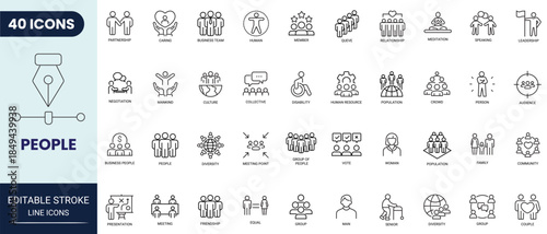 People line icon set. Includes group, family, human, team, community, friends, population, senior and more. Editable stroke. Vector illustration.