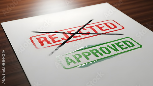 Rejected vs approved stamped documents on wooden desk