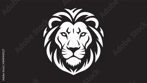 Powerful White Lion Head Logo with Bold Outlines, Majestic Animal Mascot on Black Background, Fierce King Face Vector Illustration