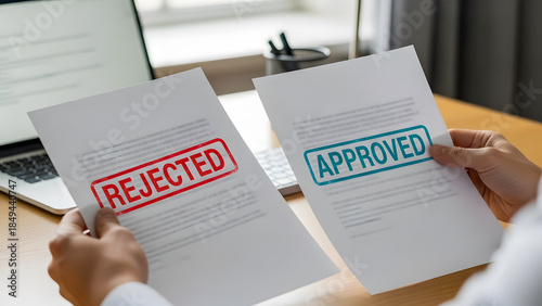 Hands holding approved and rejected documents in office