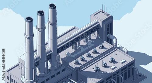 An isometric vector illustration showcases a large industrial factory complex with multiple towering smokestacks, representing modern manufacturing and potential environmental impact.