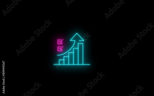 Neon glowing growth sign icon symbol. Neon Business graph chart icon on black background. growth concept neon line moving. Growth finance graph chart. Pink color 3d business, finance icon.