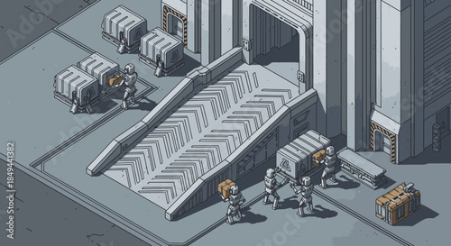 Isometric pixel art depicts uniformed personnel moving heavy cargo crates up a ramp into a futuristic building, illustrating a retro sci-fi logistics operation.