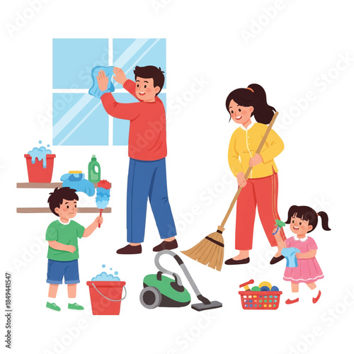 A family of four engaging in household chores together in a colorful and lively setting with cleaning supplies.